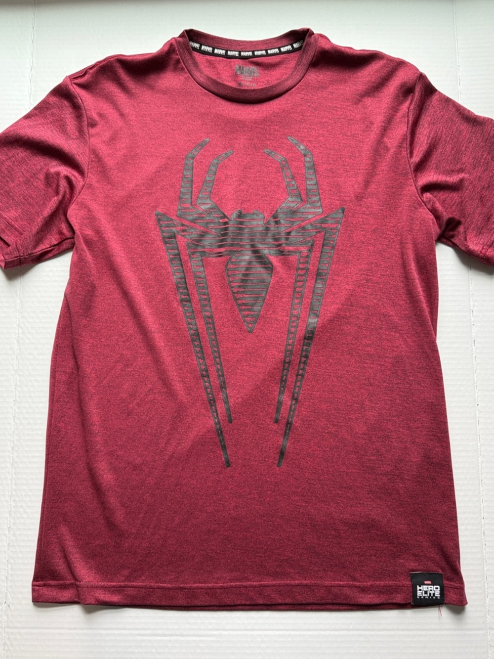 Marvel Men's Heathered Red Short-Sleeve Tee with Black Spider Emblem